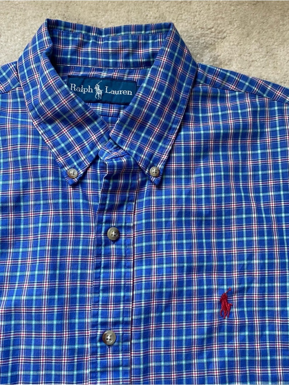 Ralph Lauren Button Down Shirt Large Blue Plaid Long Sleeve Red Pony Lightweight